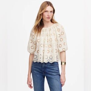 Women’s Madewell Embroidered Shirred Puff-Sleeve Top Size XXS NWT #NV195